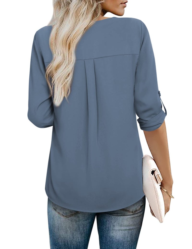 Youtalia Business Casual Tops for Women, Ladies 3/4 Cuffed Sleeve V Neck Pleats Fitted Tunic Blouse (Large, Blue Grey) - Image 3